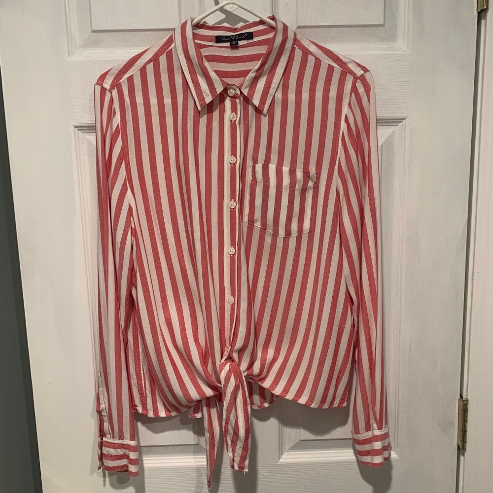 Ladies Red and White Stripe Front Tie Shirt